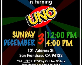 UNO Theme First Birthday Invitation - Printed - Custom Made - QTY 25