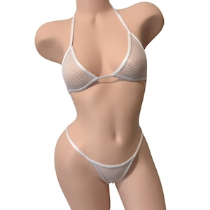 White Fishnet Sheer 2 PC Set Lingerie, V Neck One Piece Swimsuit, Adjustable Straps, Cheeky Thong Back, Bridal Lingerie, Gift