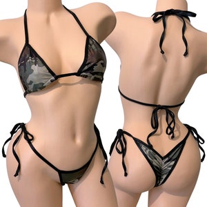 Gathered Rushed Scrunch Cheeky Butt Bottom, 2 Piece Bikini Set, Adjustable Triangle Top, Army Greens Multi Color Metallic with Black Trim