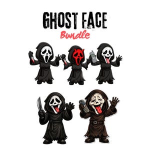 Pode incluir: Um conjunto de personagens de desenho animado Ghost Face em trajes pretos com vários acessórios. Alguns seguram facas, outros telefones e um tem chifres vermelhos. O texto "GHOST FACE Bundle" está no topo.