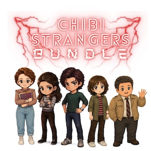 Puede incluir: Una ilustración digital con cinco personajes estilo chibi de pie en fila bajo el texto rojo brillante CHIBI STRANGERS BUNDLE. Los personajes visten ropa casual que incluye suéteres, chaquetas, jeans y pantalones en varios tonos tierra.