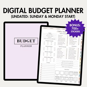 May include: A digital budget planner with a purple cover and a white interior. The planner includes sections for tracking finances, savings, and expenses. The planner is undated and can be used to start on either Sunday or Monday. The planner also includes a bonus of over 700 stickers.