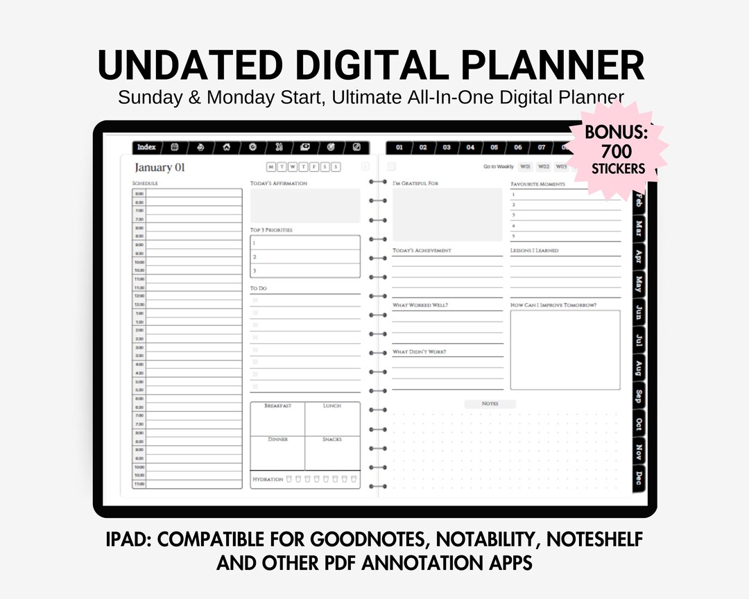 Undated Digital Planner Ipad, All in One Digital Planner Undated Daily ...