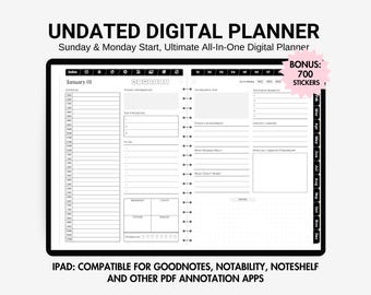 Undated Digital Planner iPad, All In One Digital Planner Undated Daily Planner, Ultimate Digital Life Planner Goodnotes, Notability Planner