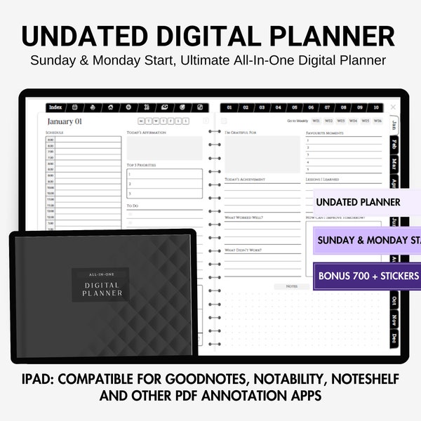 Undated Digital Planner iPad, All In One Digital Planner Undated Daily Planner, Ultimate Digital Life Planner Goodnotes, Notability Planner