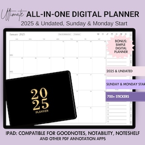 2025 Digital Planner 2025 All In One Digital Planner Hyperlinked Landscape Planner Goodnotes Ultimate IPad Planner Sunday Monday Start