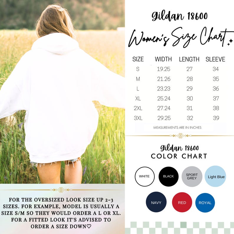 May include: A size chart for Gildan 18600 women's shirts, showing measurements in inches for width, length, and sleeve length for sizes S through 3XL. A color chart shows the available colors: white, black, sport grey, light blue, navy, red, and royal.