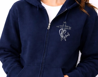 Women’s Christian Zip Hoodie Cross Jesus Design Faith Mom Gift for Church Christian Apparel Faith Hoodie for Mom Bible study group Gift