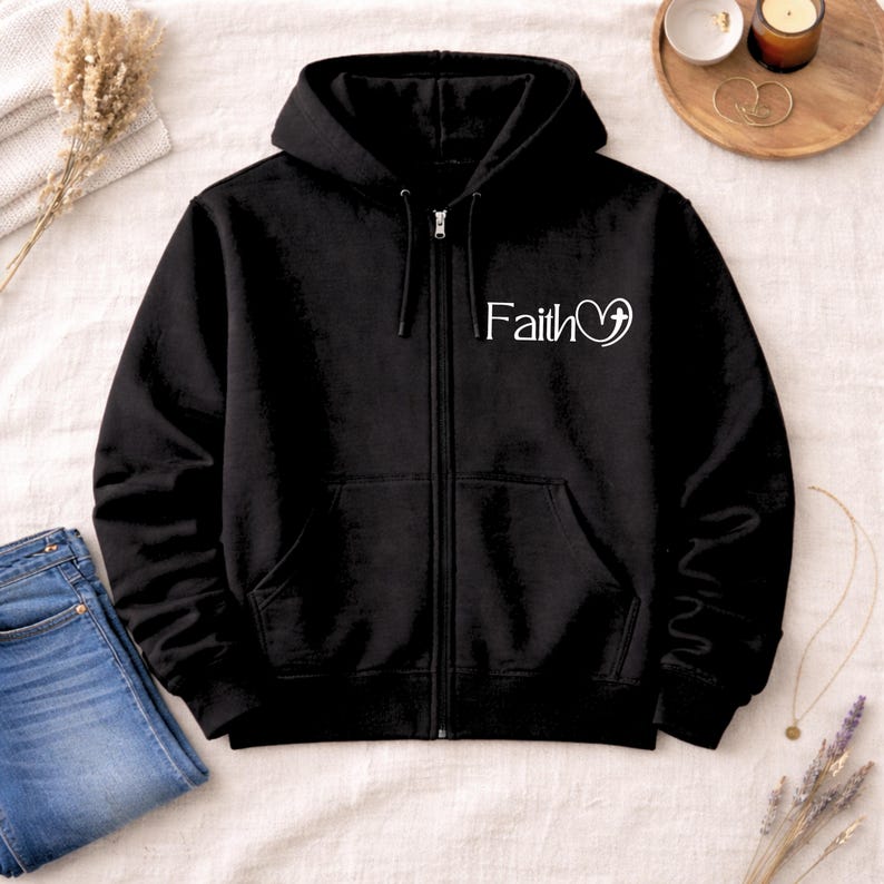 Zip up Hoodie Faith clothes Christian Zip Hoodie Sweatshirt Christian Merch womens black Faith zip up lightweight jacket Religious clothes image 6