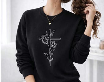 Floral Cross Sweatshirt for Women Minimal Christian Crewneck Faith Inspired Pullover Subtle Religious Gift for Church Outfit Faith Apparel