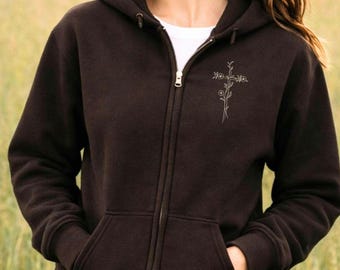 Floral Cross Zip Up Hoodie for Women Minimal Christian Jacket Faith Inspired Full Zip Sweatshirt Religious Gift for Her Baptism Gift Jesus