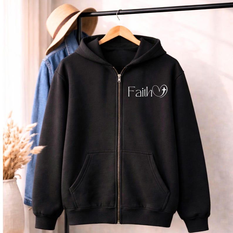 Zip up Hoodie Faith clothes Christian Zip Hoodie Sweatshirt Christian Merch womens black Faith zip up lightweight jacket Religious clothes image 1