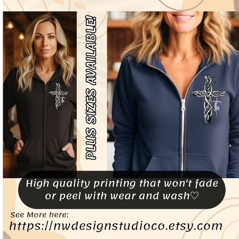 Full Zip up Hoodie Sweatshirt With Cross Zip up Faith Hooded Sweatshirt