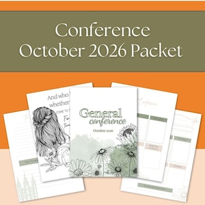 Könnte beinhalten: Ein digitales Paket für die General Conference im Oktober 2026 mit mehreren Seiten, floralen Illustrationen, einer Strichzeichnung einer Person mit geflochtenem Haar und strukturierten Notizvorlagen mit grünen und pfirsichfarbenen Akzenten.