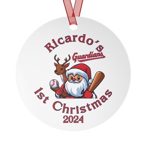 Personalized Baby&#39;s First Christmas MLB Team Metal Ornament Cleveland Guardians Santa