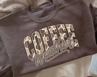 Coffee Weather Shirt, Cow Print Coffee Lover Tee, Western Fall Graphic T-Shirt, Cozy Autumn Comfort Colors Gift