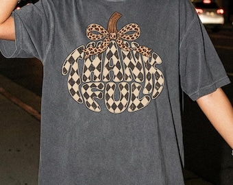 Retro Thankful Pumpkin Shirt, Checkered Fall Graphic Tee, Coquette Leopard Bow T-Shirt, Thanksgiving Gift, Friendsgiving Sweatshirt