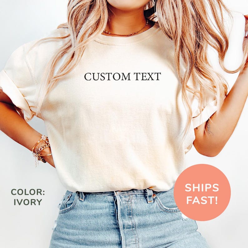 a woman wearing a t - shirt that says custom text
