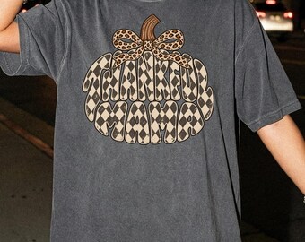 Thankful Mama Shirt, Retro Fall Graphic Tee, Checkered Pumpkin Shirt, Coquette Leopard Bow T-Shirt, Thanksgiving Gift, Friendsgiving Tee