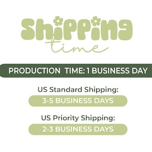 May include: A graphic with the words "Shipping time" in a light green, whimsical font. Below, it states "Production time: 1 business day." Additional text indicates standard and priority shipping times.