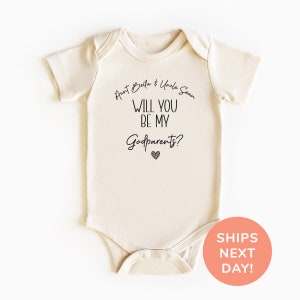 Koszulka i body Will You Be My Godparents®, spersonalizowany body z okazji zaręczyn chrzestnych, body z okazji ogłoszenia narodzin dziecka, spersonalizowany prezent dla chrzestnych