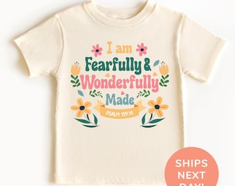 Ich bin furchtbar und wunderbar gemachtes Hemd und Onesie®, christlicher Bodysuit, Floral Kids Faith Shirt, religiöses Shirt, Bibel-Vers-T-Shirt für Kinder