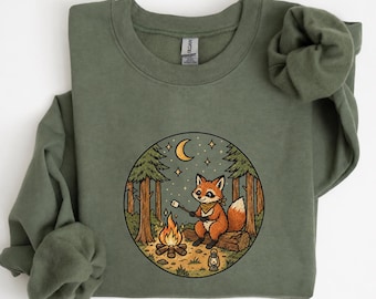 Vintage Camping Fox Sweatshirt, Woodland Fox Graphic Tee, Boxy Crop Tee, Cozy Campfire Shirt, Forest Nature Lover Gift, Comfort Colors® Tee