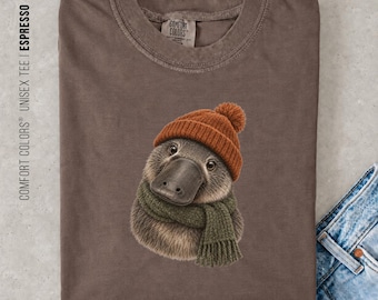 Comfort Colors® Platypus Shirt, Cute Beanie Animal Tee, Cozy Winter Wildlife Graphic T-Shirt, Whimsical Nature Lover Gift
