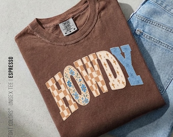 Comfort Colors® Howdy Shirt, Faux Patchwork Graphic Tee, Floral Checkered Cowgirl T-Shirt, Retro Southern Rodeo Shirt, Boxy Crop Tee