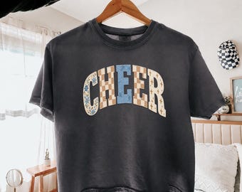 Cheer Faux Patchwork Shirt, Floral Toile Cheerleader Tee, Cheer Sweatshirt, Boxy Crop Tee Cheer Mom Gift, Comfort Colors® Shirt
