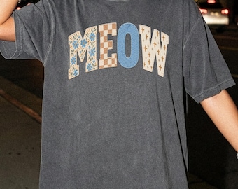 Meow Faux Patchwork Shirt, Cute Cat Lover Graphic Tee, Cat Mom Sweatshirt, Comfort Colors® Animal Lover Tee, Cat Lover Gift