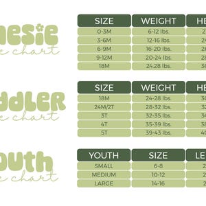 three size charts for different age groups: 0-3M, 5-6M, and 18M, as well as two size charts for toddlers and youth. The charts provide the corresponding weight and height measurements for each age group.