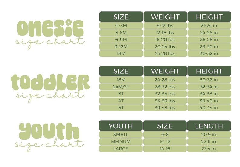 three size charts for different age groups: 0-3M, 5-6M, and 18M, as well as two size charts for toddlers and youth. The charts provide the corresponding weight and height measurements for each age group.