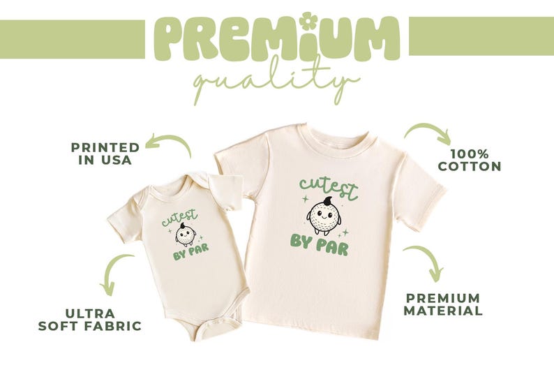 two white t-shirts with a cute cartoon character printed on them. The t-shirts are described as "PREMIUM quality" and "PRINTED IN USA", indicating that they are made of 100% cotton and are printed in the USA. The t-shirts are also described as "ULTRA soft fabric" and "PREMIUM material", suggesting that they are made of high-quality materials and have a premium feel.