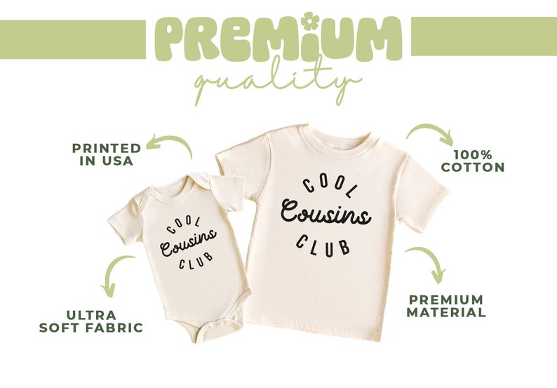 May include: Two white cotton shirts with the text "Cool Cousins Club" printed in black. The smaller shirt is a bodysuit and the larger shirt is a t-shirt.