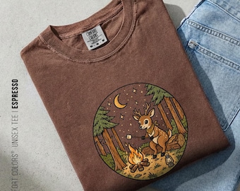 Deer Campfire Shirt, Woodland Deer Graphic Tee, Vintage Camping Sweatshirt, Retro Adventure TShirt, Forest Animal Gift, Comfort Colors® Tee