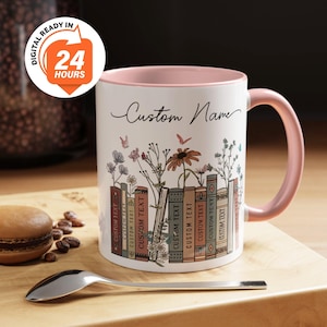 Personalized Floral Books Mug, Favorite Bookshelf Coffee Mug, Custom Tittle & Name Librarian Bookworm Gift for Reader, Gift for Book Lovers