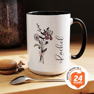 Tazza personalizzata con fiore di nascita Coquette, tazza da caffè floreale personalizzata, regalo per la mamma, regalo per la figlia, regalo per la migliore amica, regali sotto le tazze da 15 once