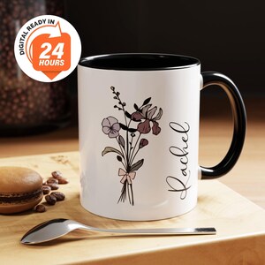 Tazza personalizzata con fiore di nascita Coquette, tazza da caffè floreale personalizzata, regalo per la mamma, regalo per la figlia, regalo per la migliore amica, regali sotto le tazze da 11 once