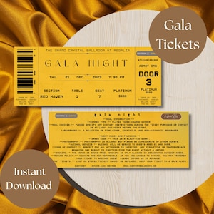 Puede incluir: Un boleto amarillo y negro para una gala nocturna en The Grand Crystal Ballroom at Regalia. El boleto es para el jueves 21 de diciembre de 2023 a las 7:30 PM. El boleto es para la sección Red Haven, mesa 1, asiento 7 y asientos de platino. El boleto es para una persona y puerta 3.