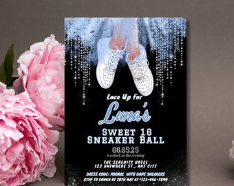 Invitación Sweet 16 Sneaker Ball- Invitación Sweet 16 Blue Sneaker Ball Invitar Baby Blue y Silver Sneaker Ball Gala Party Sweet 16 Sneaker