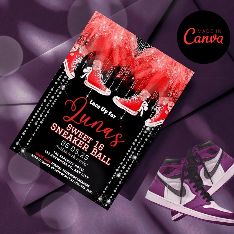 Ruby Ball Invite Red Sweet 16 Sneaker Ball Invitation Template - Sweet 16 Red Sneaker ...