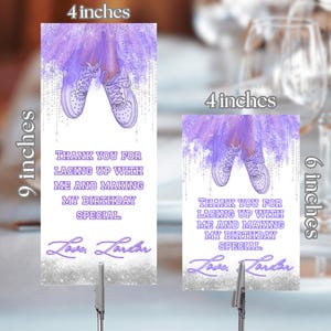 Cartões de agradecimento da Sneaker Ball Lavender - Etiquetas de agradecimento roxas da Sneaker Ball Gala Cartão de agradecimento prateado Placa de número de mesa para configuração de lugar violeta