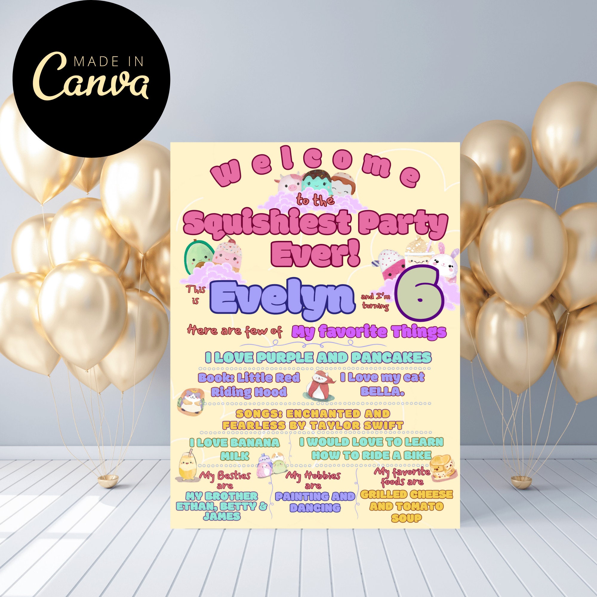 Squishmallow Birthday Welcome Sign – Pastel Party Decor (CANVA Template ...