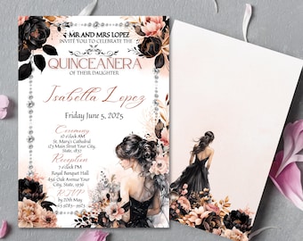 Czarno-różowe zaproszenia na pigwę - szablon zaproszeń na quinceanerę w kolorze różowego złota Quinceanera Princess Mis Quince Anos Sweet 16 Invitation