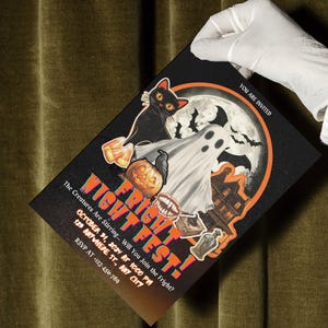 May include: A black and orange Halloween party invitation with a ghost, a black cat, a pumpkin, and a haunted house. The text reads "Fright Night Fest!" and "The Creatures Are Stirring... Will You Join the Fright?"  October 31, 2024 at 1000 PM, 123 Anywhere St., Any City. RSVP at -123-456-789.
