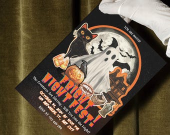 Zaproszenie na imprezę w stylu vintage na Halloween dla dorosłych Zaproszenie na imprezę w stylu retro na Halloween Zaproszenie na imprezę w stylu gotyckim na Halloween Edytowalny szablon zaproszenia na nawiedzony dom