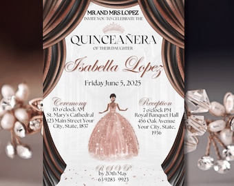 Szablon zaproszeń na Quinceanera w kolorze różowego złota - Enchanted Mis Quince Anos Nowoczesne zaproszenie na słodką piętnastkę Zaproszenie na bajkową księżniczkę Quince