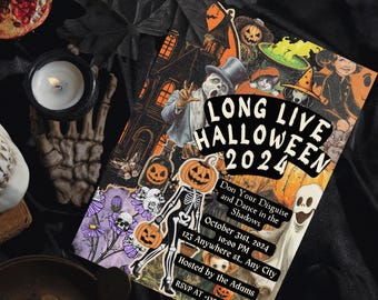 Zaproszenie na Halloween Y2k - Zaproszenie na imprezę kostiumową dla dorosłych w stylu vintage, retro, gotyckie zaproszenie na imprezę halloweenową, edytowalny szablon zaproszenia do nawiedzonego domu