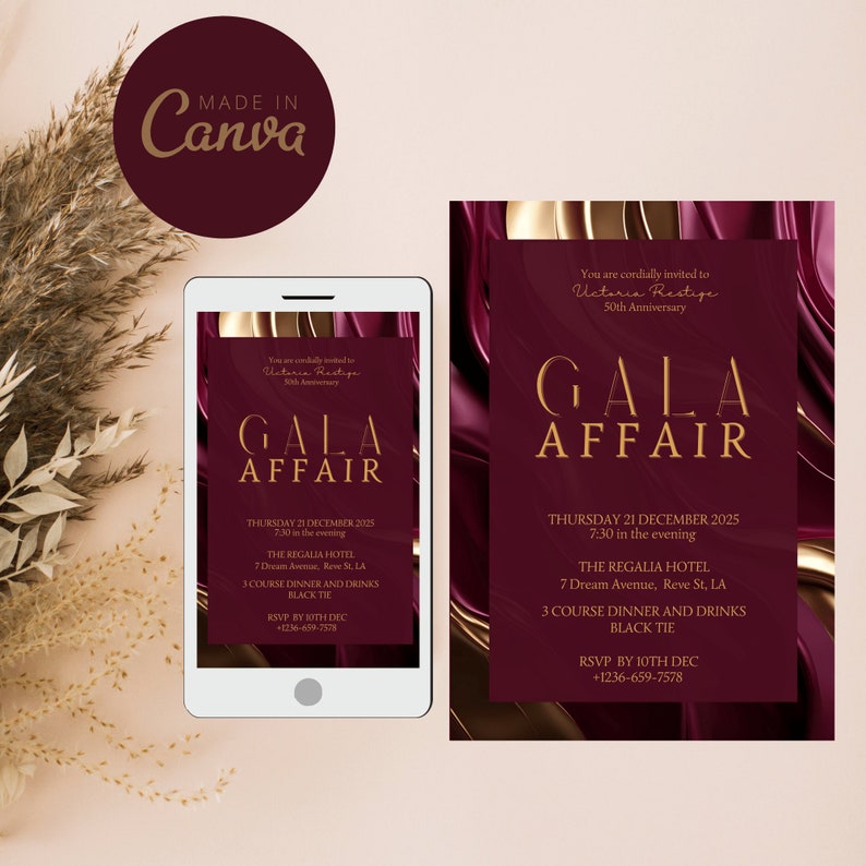 Burgundy Gold Banquet Invitation Template for Gala night party a printable or a mobile or phone evite